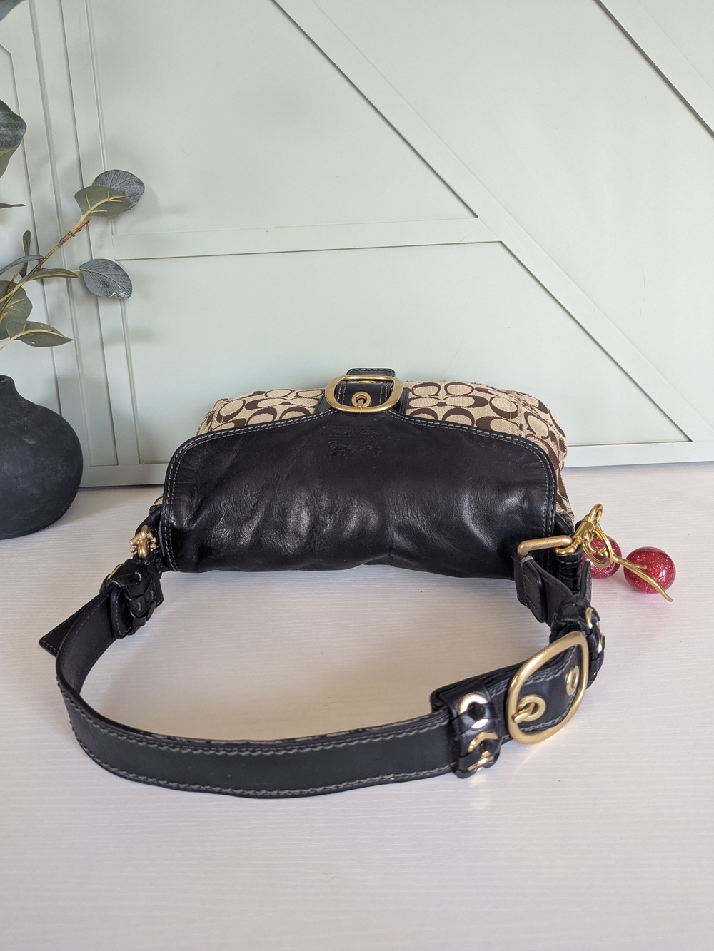 Coach Brown Signature Canvas and Black Leather Shoulder Bag - Picture 9 of 14